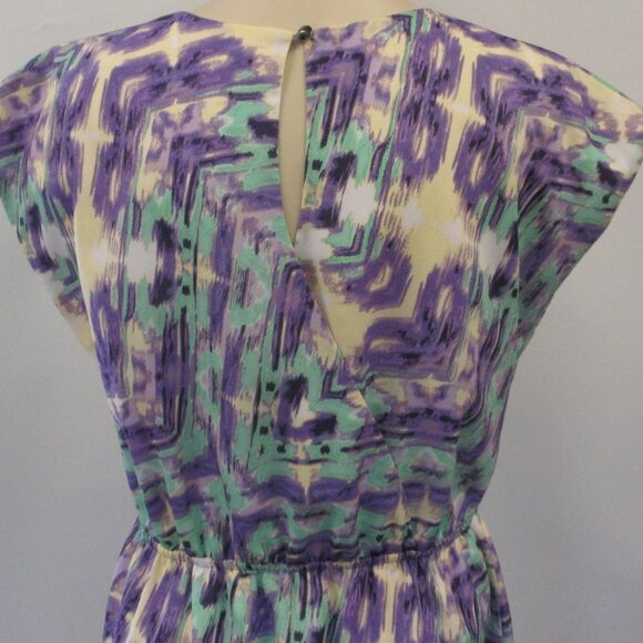KENSIE Purple Green Geometric Print Lined Mini Dress Womens Size M Elastic Waist - Picture 3 of 12